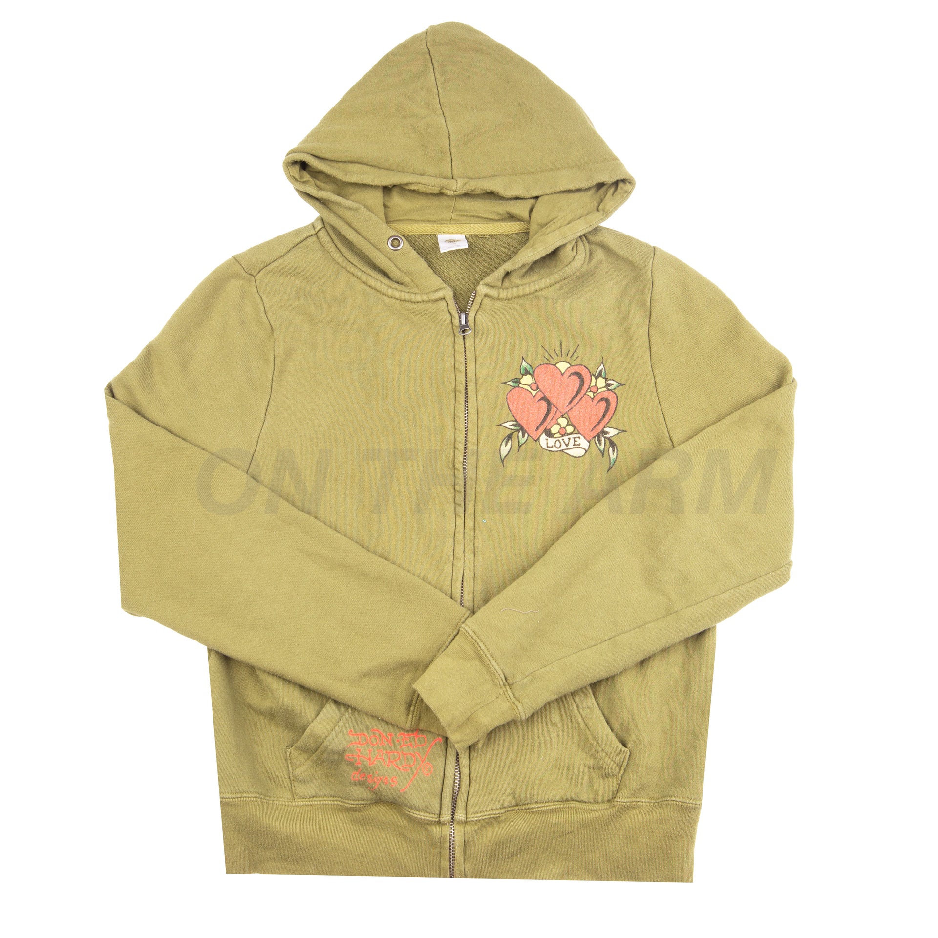 Vintage Women's Olive Ed Hardy Hearts Zip-Up (2000's)
