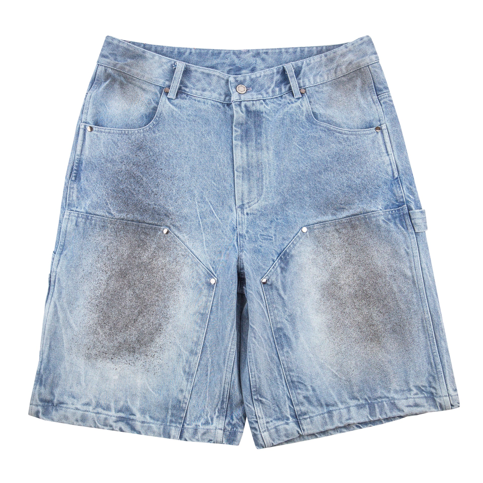 OTA Light Wash Damaged Denim Double Knee Shorts