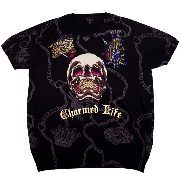 Vintage Black Christian Audigier Charmed Life V-Neck Knit Shirt (2000's)