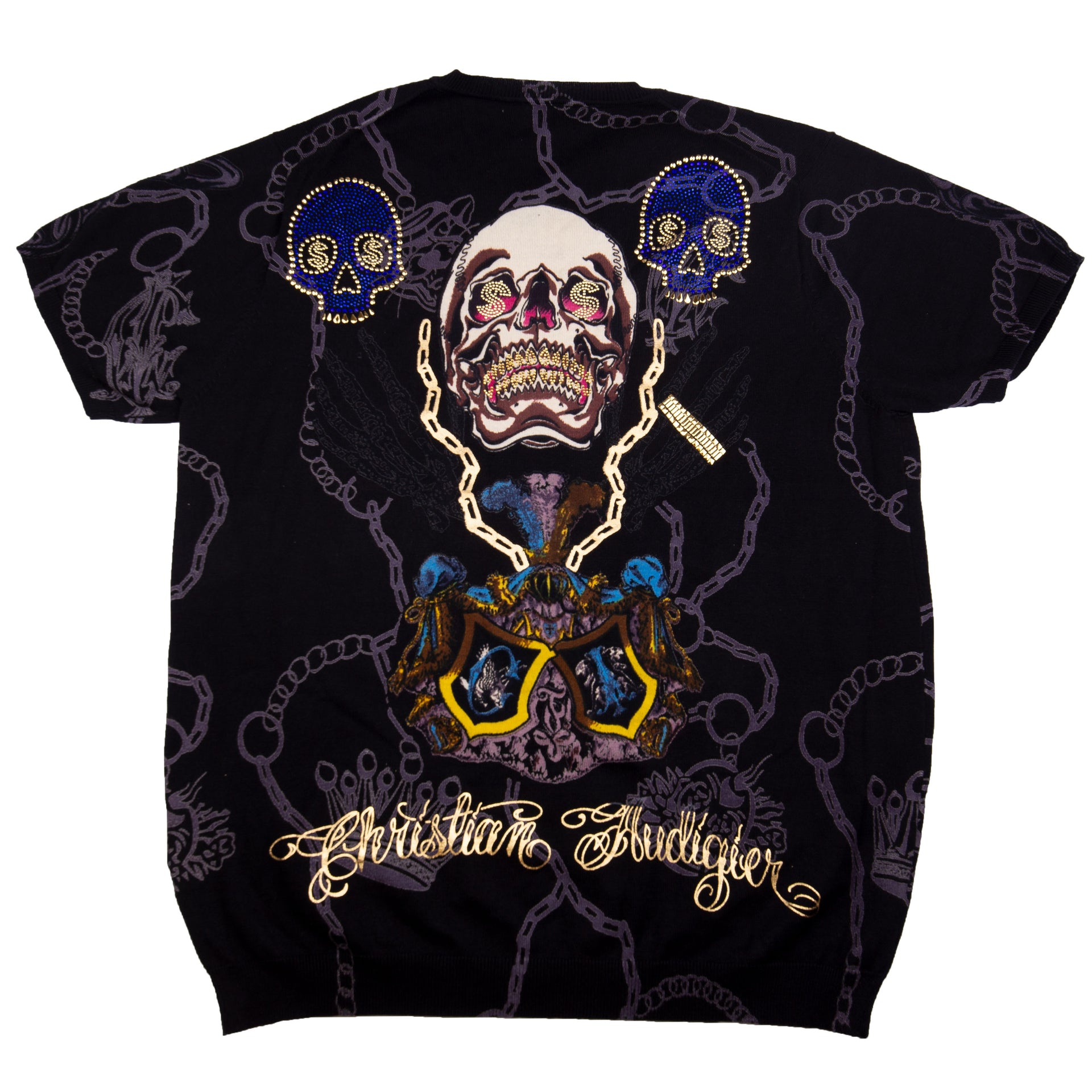 Vintage Black Christian Audigier Charmed Life V-Neck Knit Shirt (2000's)