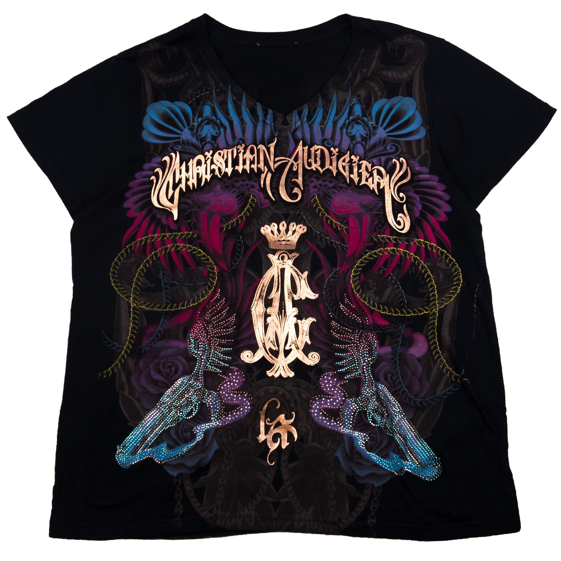 Vintage Black Christian Audigier Fortune V-Neck Tee (2000's)