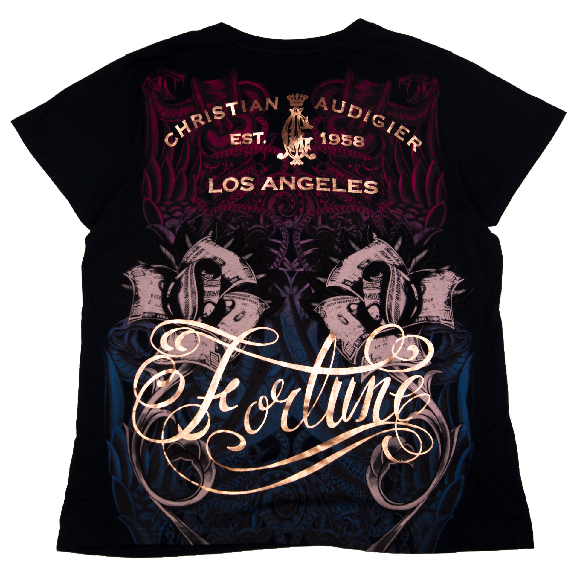 Vintage Black Christian Audigier Fortune V-Neck Tee (2000's)