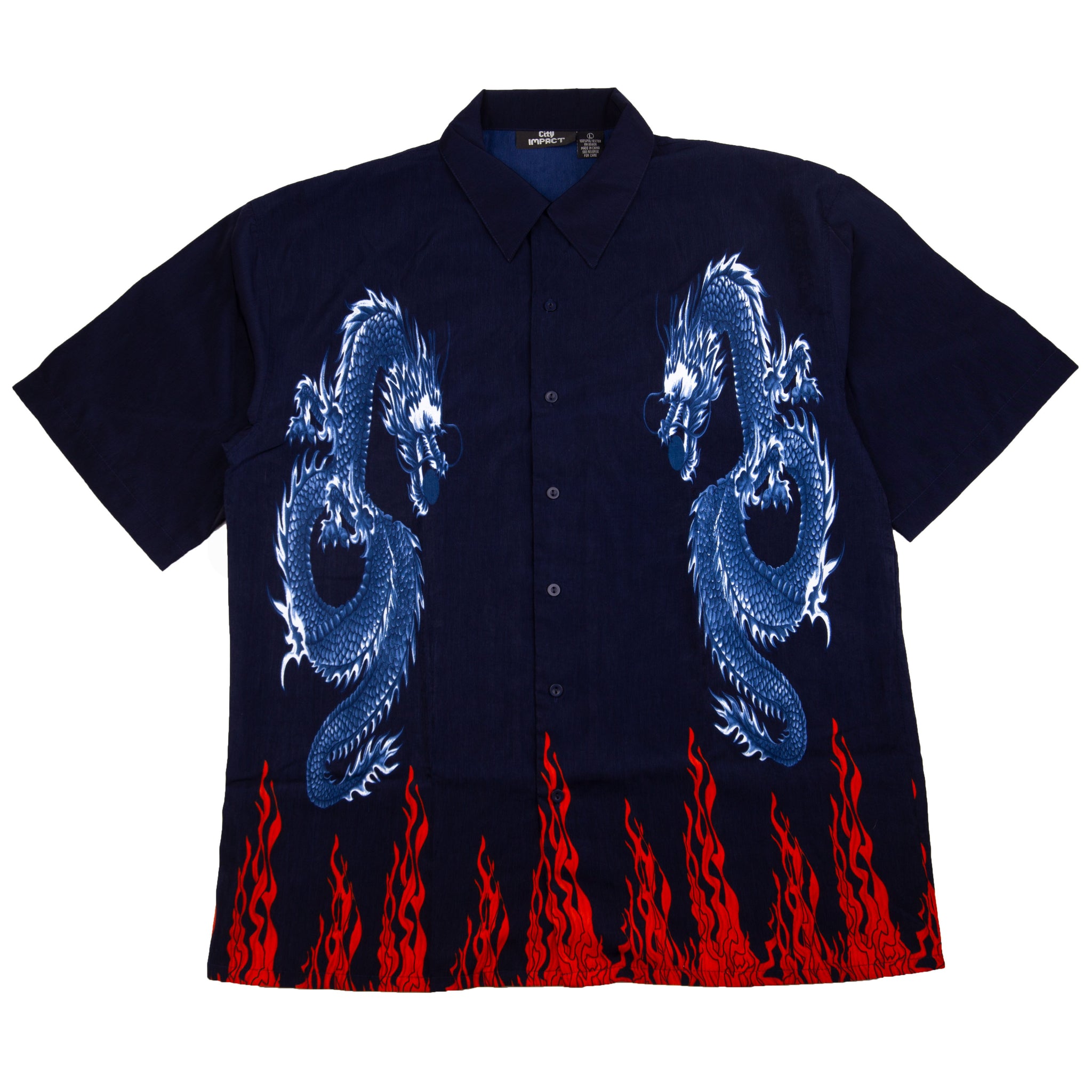 Vintage Navy City Impact Dragon Flames Y2K Button Up (2000's)