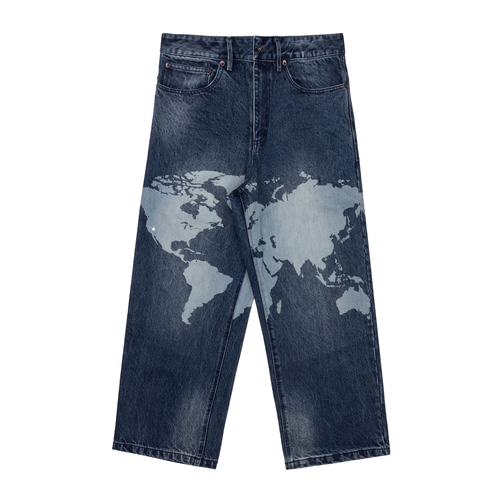 OTA Raw Washed Las Vegas To The World Atlas Denim Baggy Jeans