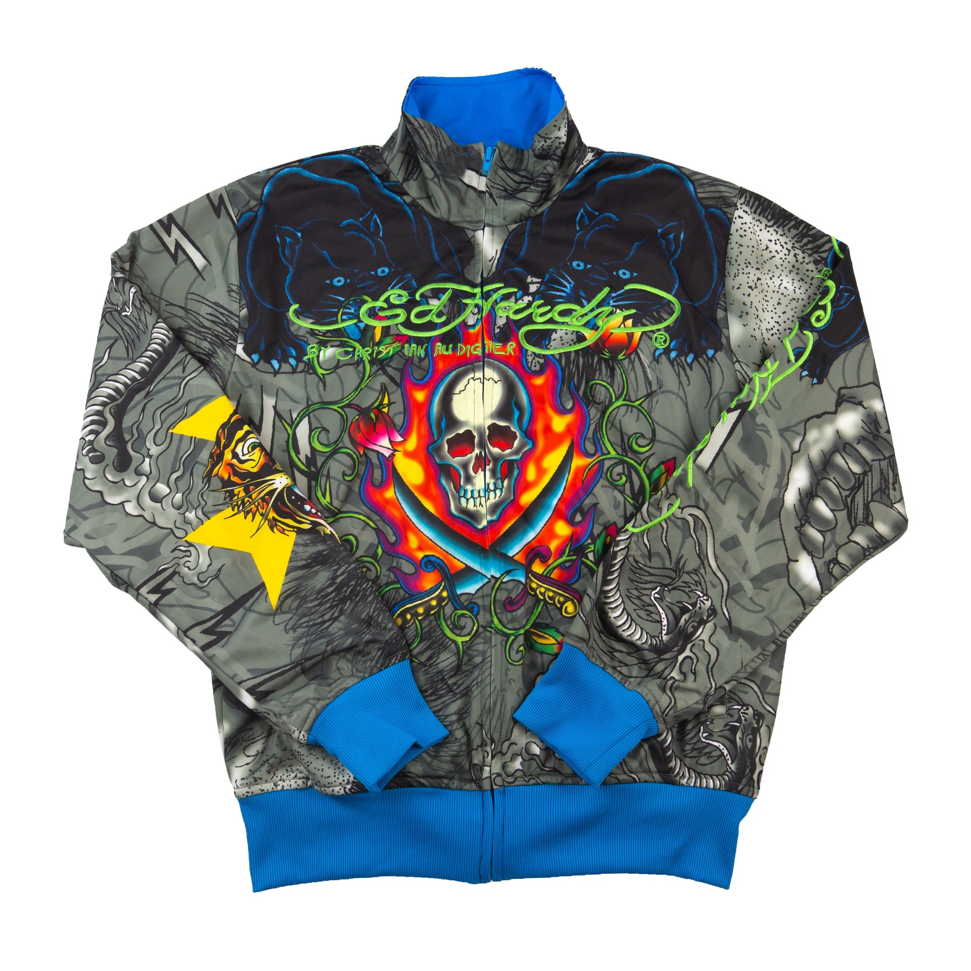 Vintage Grey/Blue Ed Hardy Skull Flame Track Jacket (2000's)