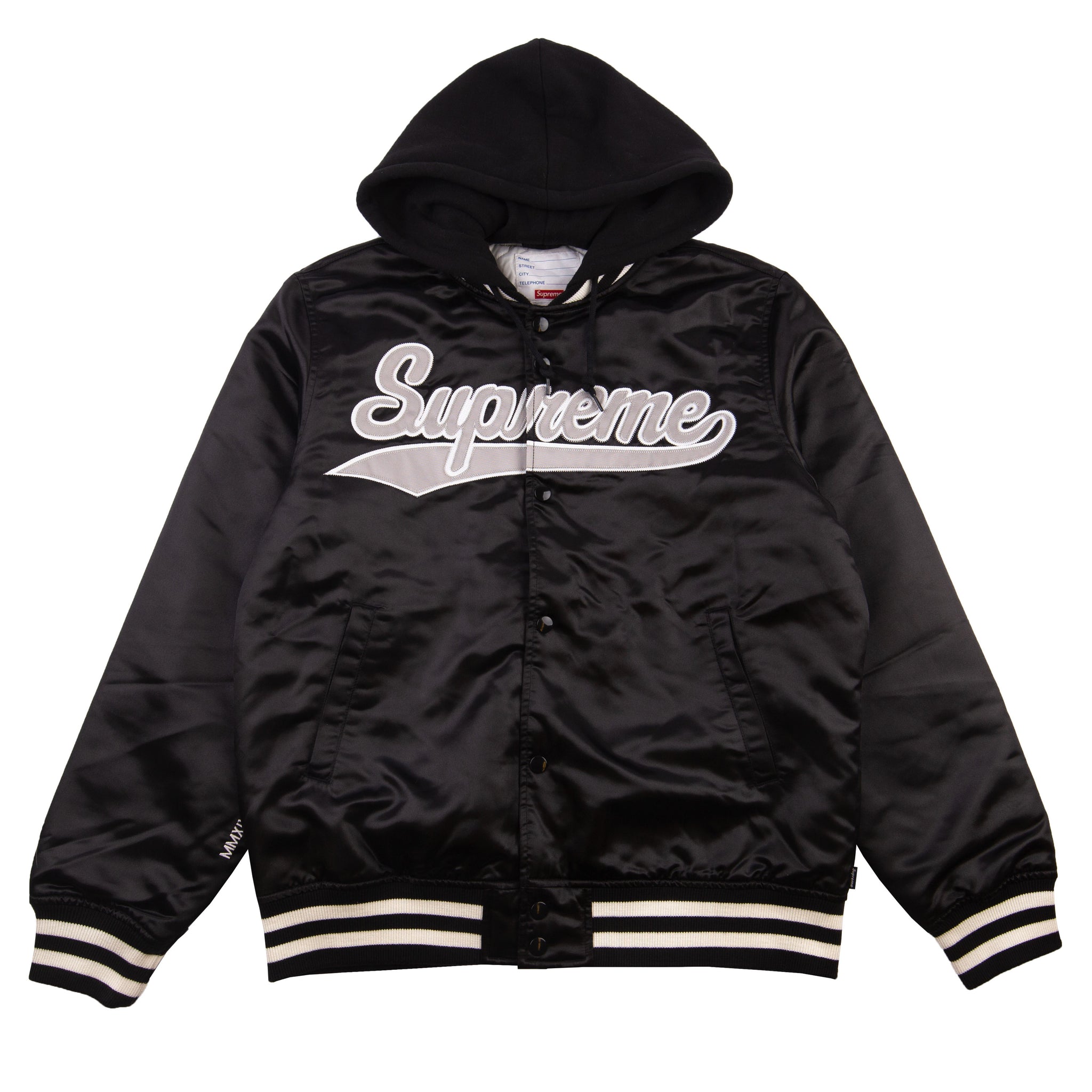 Supreme Black Satin Hooded Varsity Jacket (2014) PRE-OWNED
