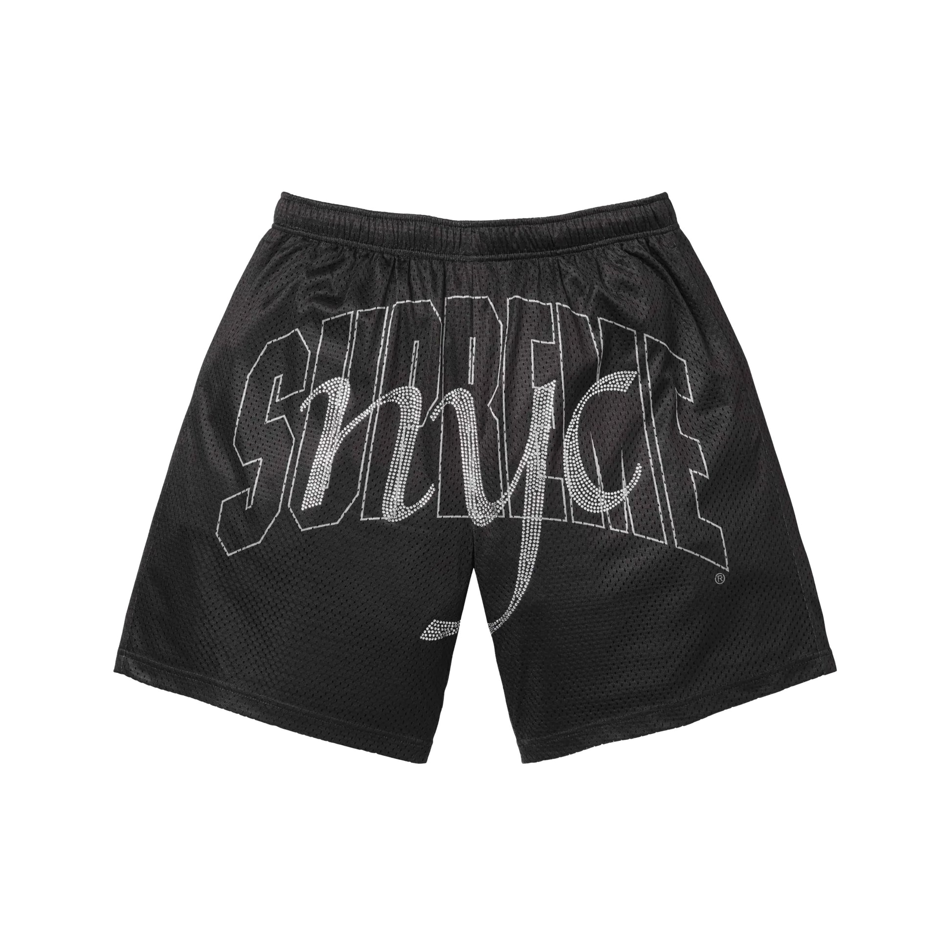 Supreme Black Rhinestone Script Mesh Shorts