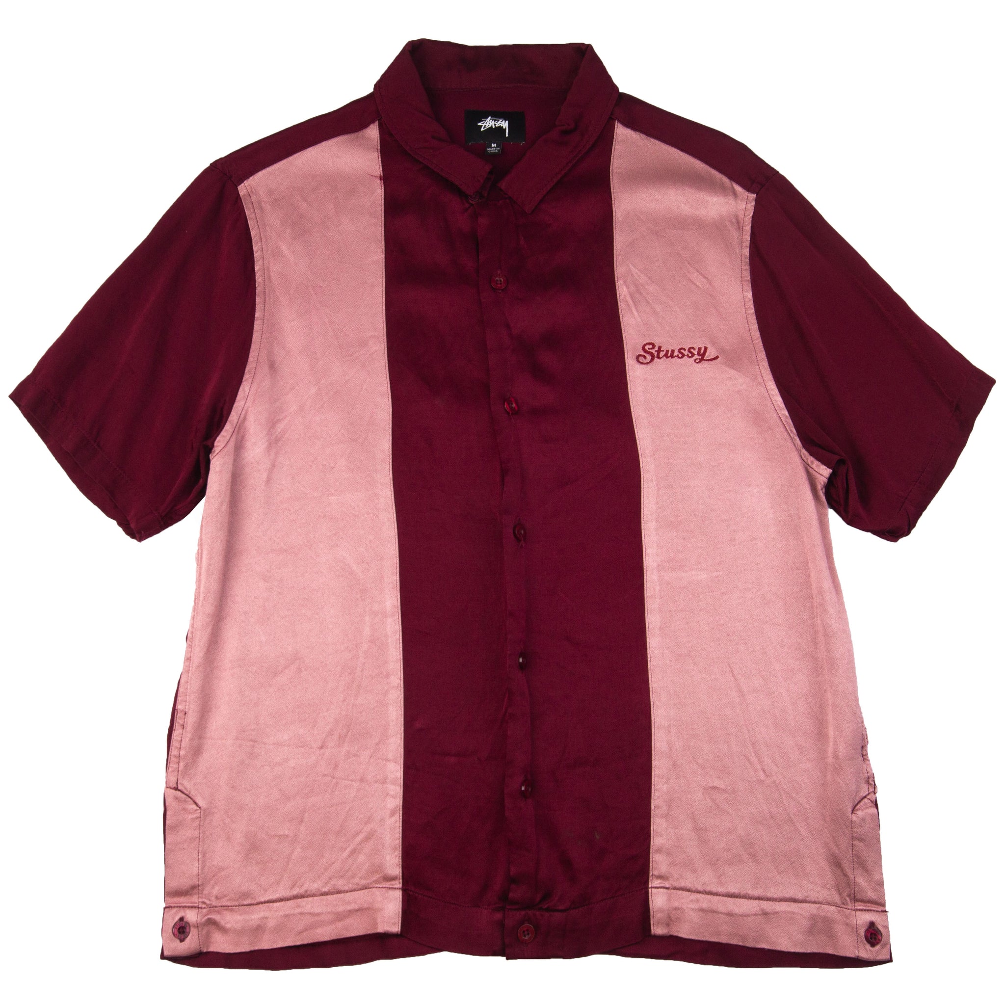 Stussy Maroon Striped Bowling Shirt PRE-OWNED