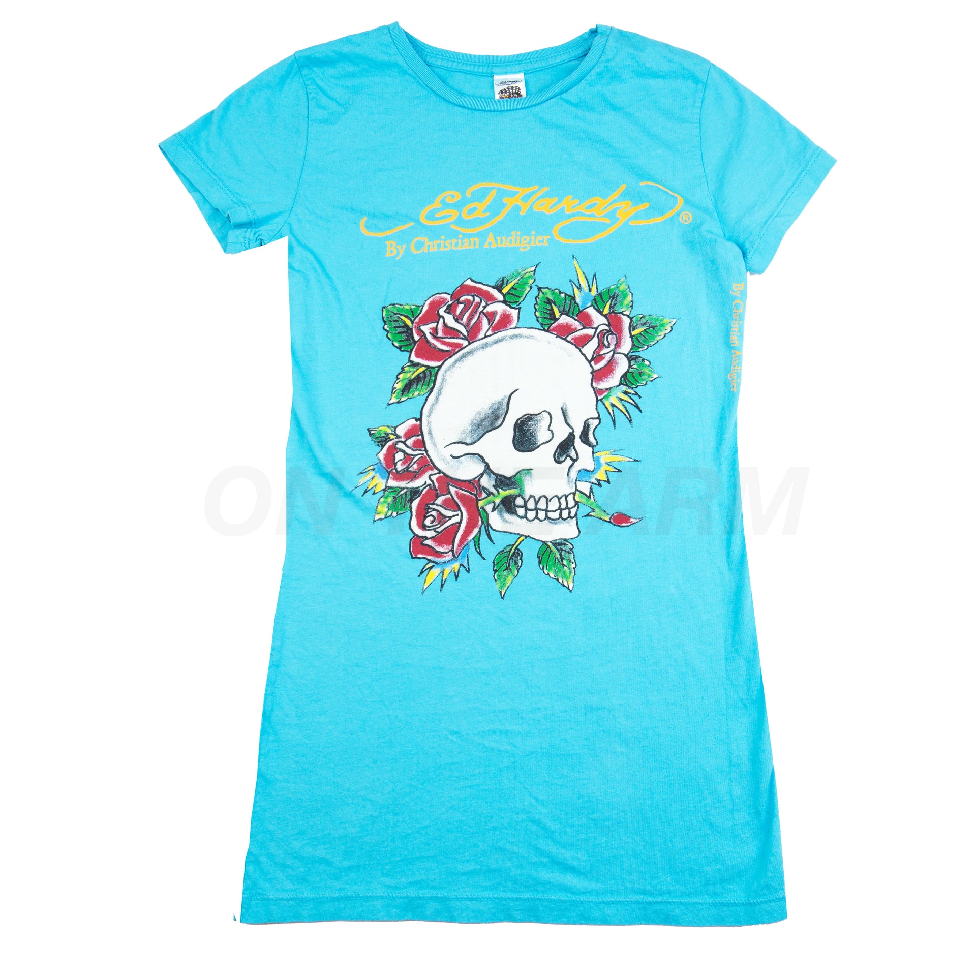 Vintage Women's Turquoise Ed Hardy Skull Tee (2000's)