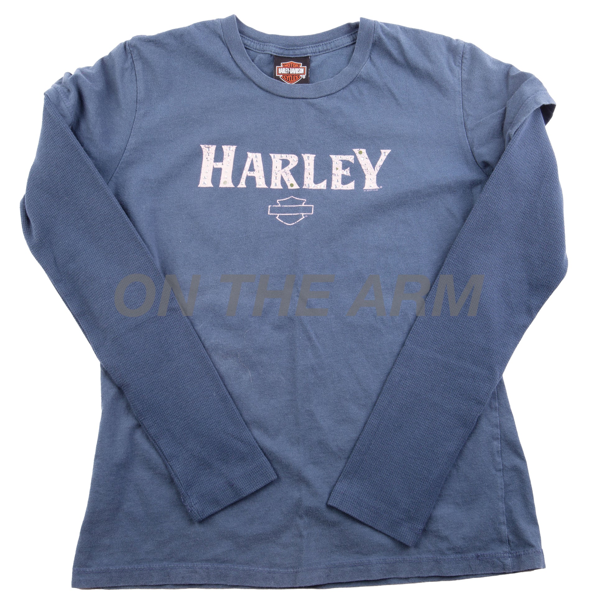 Vintage Navy Harley Davidson Rhinestone Thermal Top