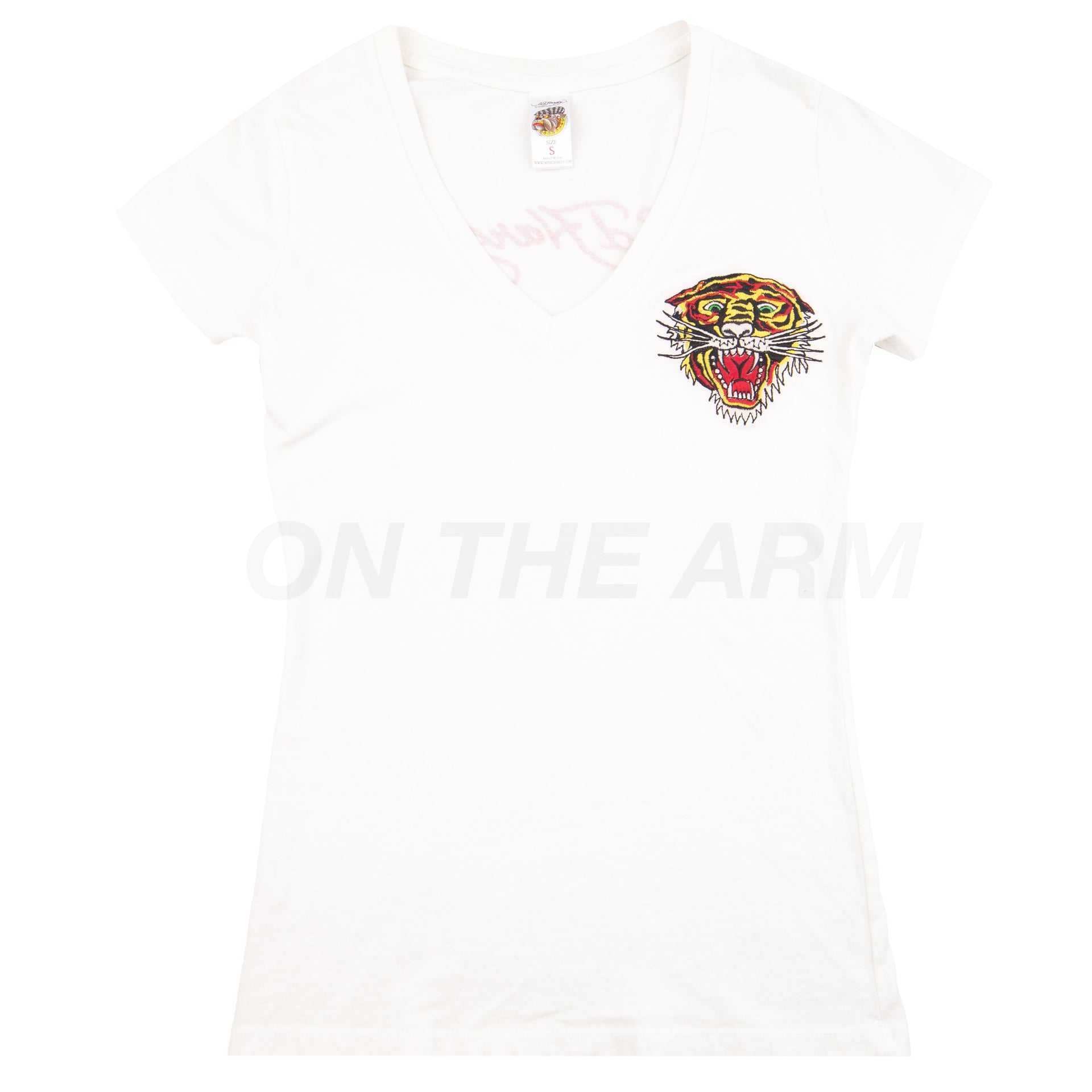 Vintage Women's White Ed Hardy Tiger V-Neck Tee (2000's)